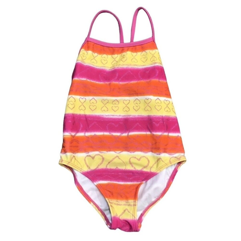 XHILARATION Girls M 7/8 Pink Yellow Orange One Piece Swimsuit Bathing Suit Swim